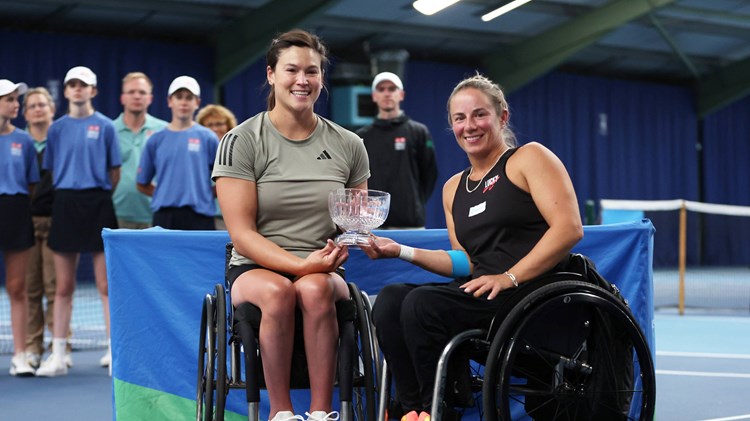 Dana Mathewson of United States and Lucy Shucker of Great Britain pose for a photo with the runners up trophy against Diede de Groot and Jiske Griffioen of Netherlands following the women's doubles final during the Lexus British Open Wheelchair Tennis Championships at Lexus Nottingham Tennis Centre on August 05, 2023 in Nottingham, England. 
