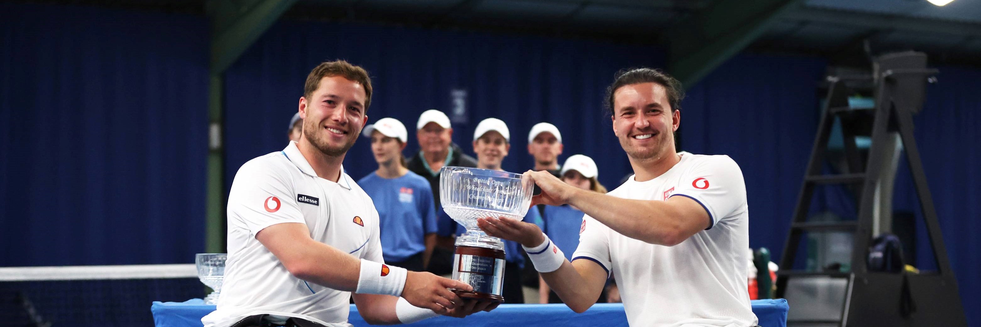 Alfie Hewett and Gordon Reid of Great Britain pose for a photo with the winners trophy after victory over Martin de la Puente of Spain and Gustavo Fernandez of Argentina in the men's doubles final during the Lexus British Open Wheelchair Tennis Championships at Lexus Nottingham Tennis Centre on August 05, 2023 in Nottingham, England.