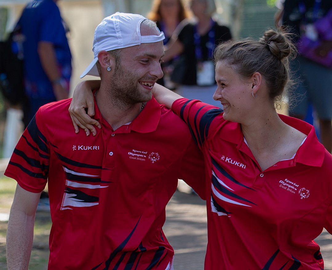 Great Britain's Matthew Brough (L) and Lily Mills (R)  celebrating winning Gold in the Mixed Doubles Level 6 event at the 2023 Special Olympics held in Berlin (Photo by Ken Hanrahan Smith, Katz Wizkas Photography)
