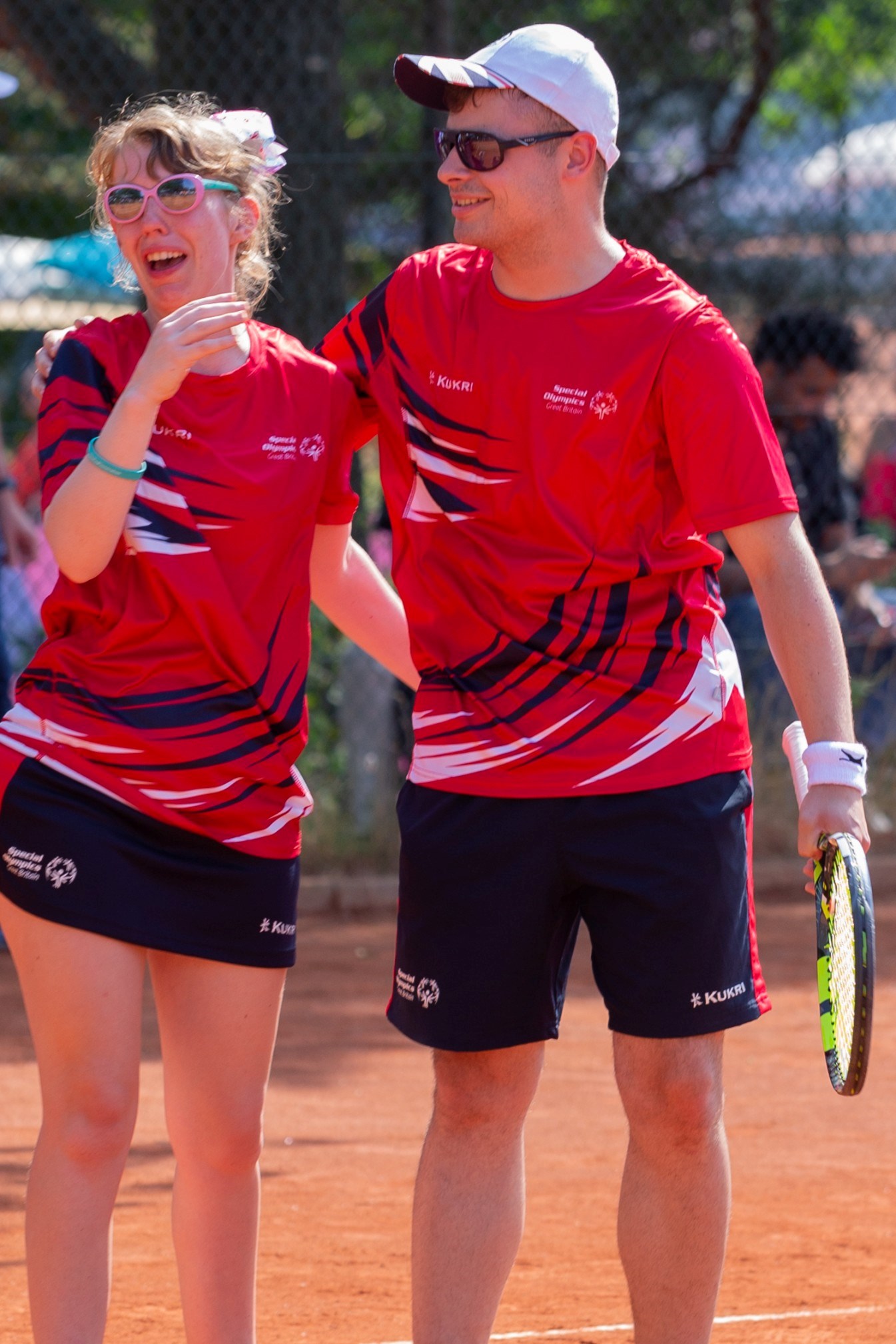 Great Britain's Emily Clarke (L) and Matthew Brough (R) celebrating after winning Bronze in the Mixed Doubles Level 6 at the 2023 Special Olympics, Berlin  (Photo by Ken Hanrahan Smith, Katz Wizkas Photography)