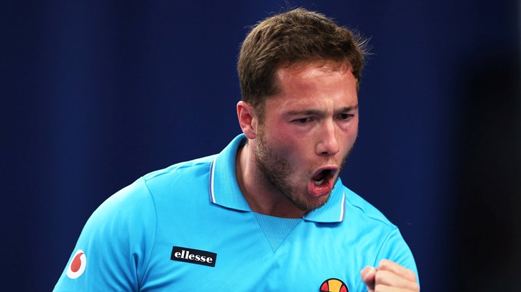 Alfie Hewett of Great Britain celebrates a point against Martin De La Puente of Spain in the men's single's semi final during the Lexus British Open Wheelchair Tennis Championships at Lexus Nottingham Tennis Centre on August 05, 2023 in Nottingham, England.