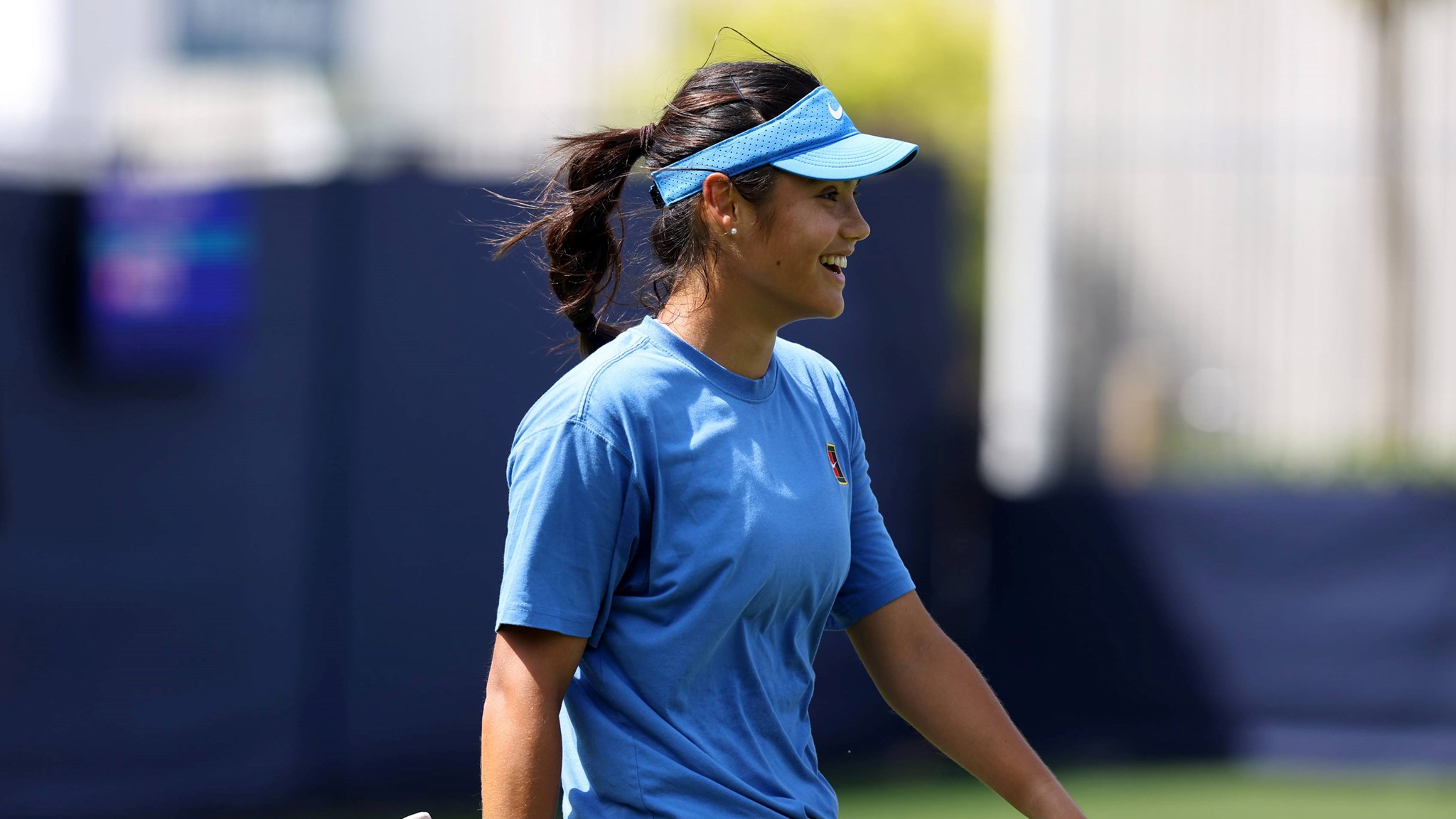 Emma Raducanu s,iling during practice at the Lexus Eastbourne Open