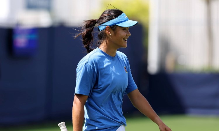 Emma Raducanu s,iling during practice at the Lexus Eastbourne Open