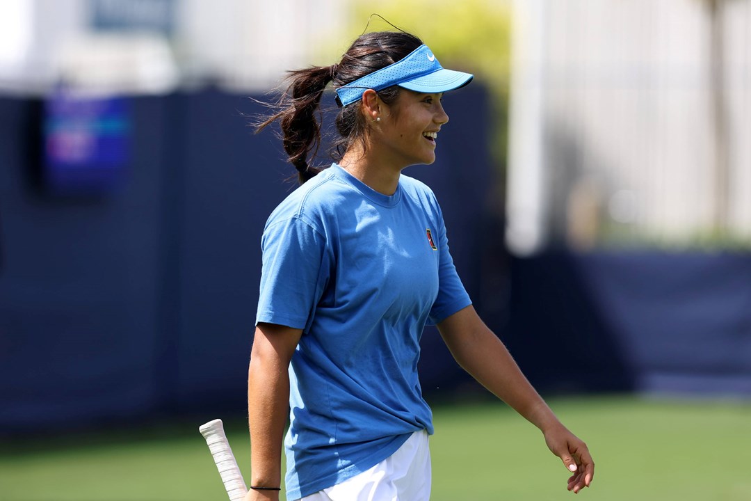 Emma Raducanu s,iling during practice at the Lexus Eastbourne Open