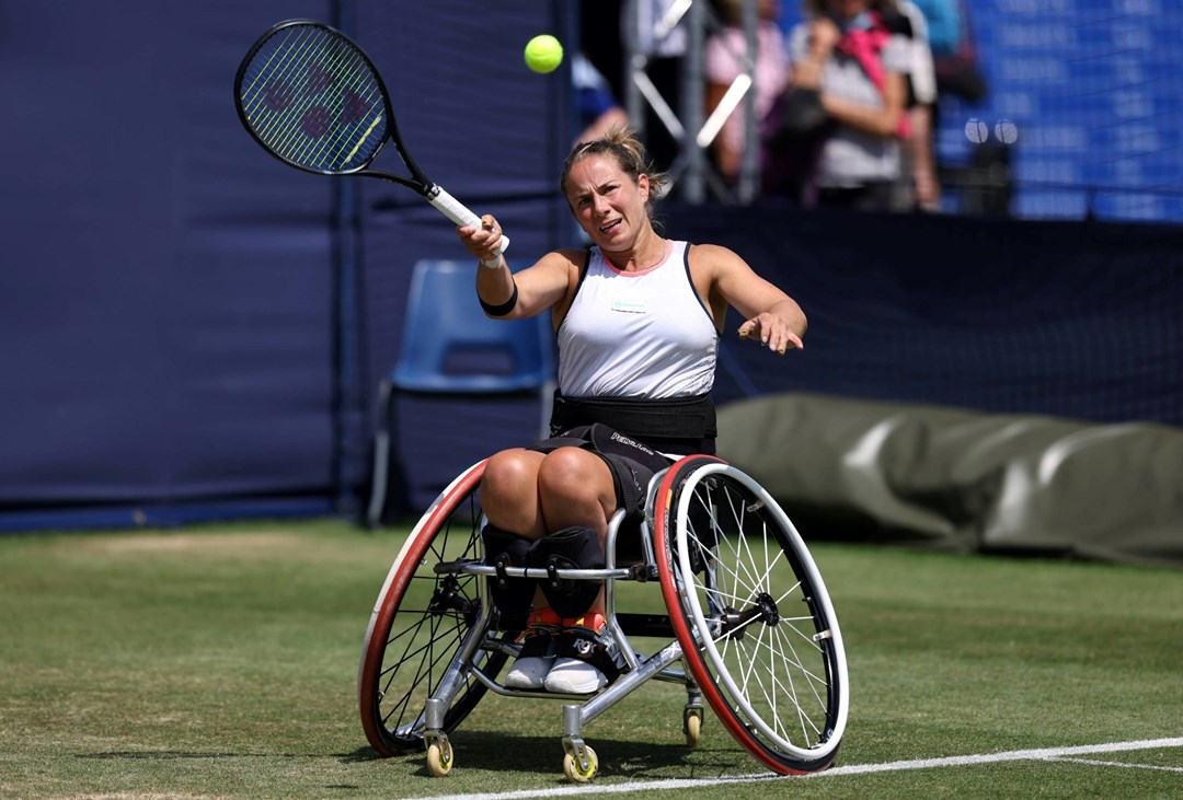 Lucy Shuker hits a forehand at the Rothesay International Eastbourne