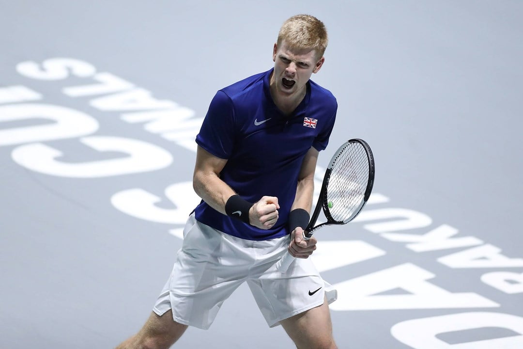 Lyle Edmund celebrates winning against Feliciano Lopez at the 2019 Davis Cup Finals