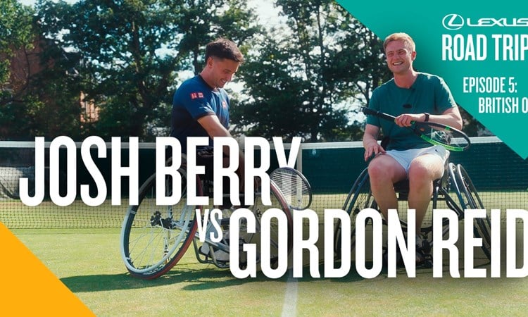 Gordon Reid laughs on court with Josh Berry during a wheelchair tennis challenge