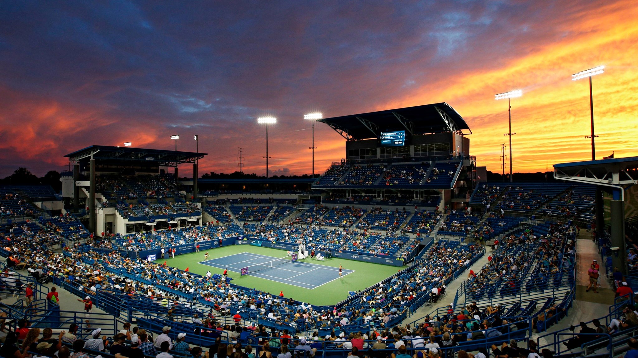 General view as the sun sets on Center Court at the Lindner Family Tennis Center