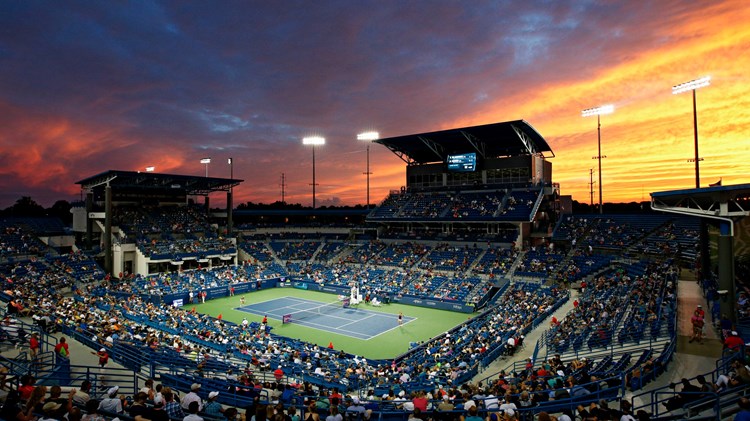 General view as the sun sets on Center Court at the Lindner Family Tennis Center