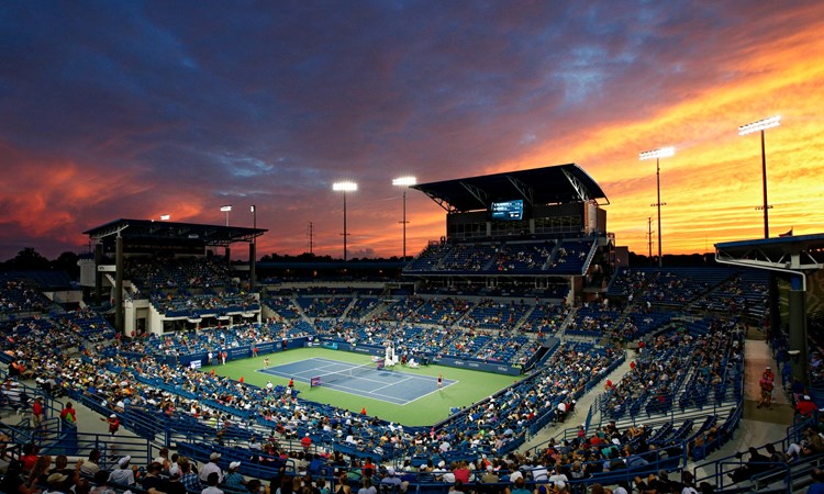 General view as the sun sets on Center Court at the Lindner Family Tennis Center