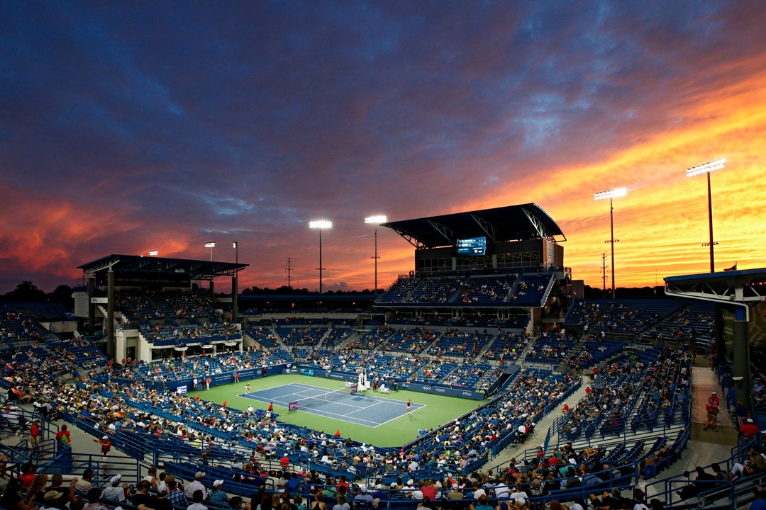 General view as the sun sets on Center Court at the Lindner Family Tennis Center