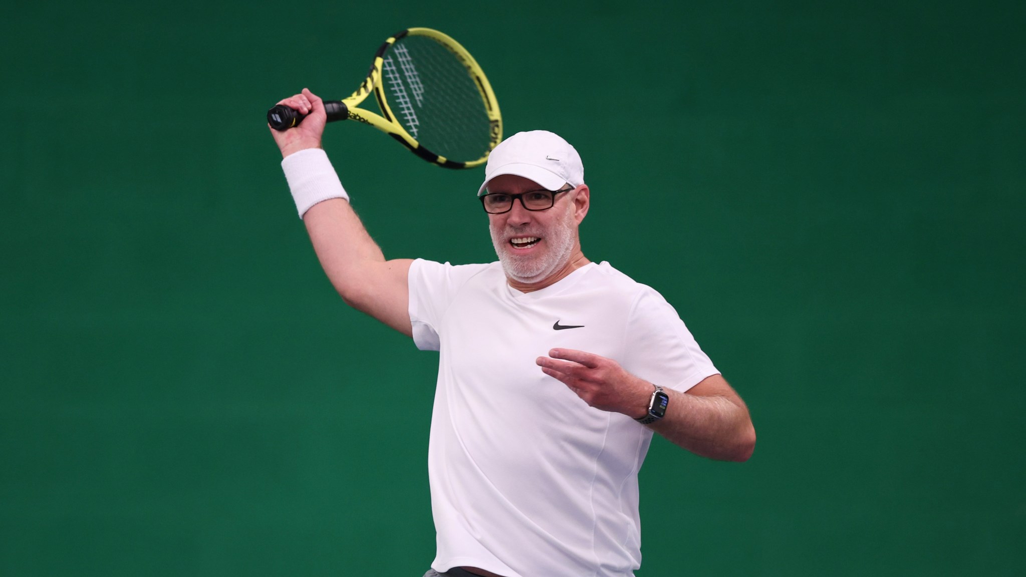 Daniel Hopkins plays against James Curries during Visually Impaired Tennis National Finals 2022 match at Wrexham Tennis Centre on November 20, 2022 in Wrexham, Wales. 