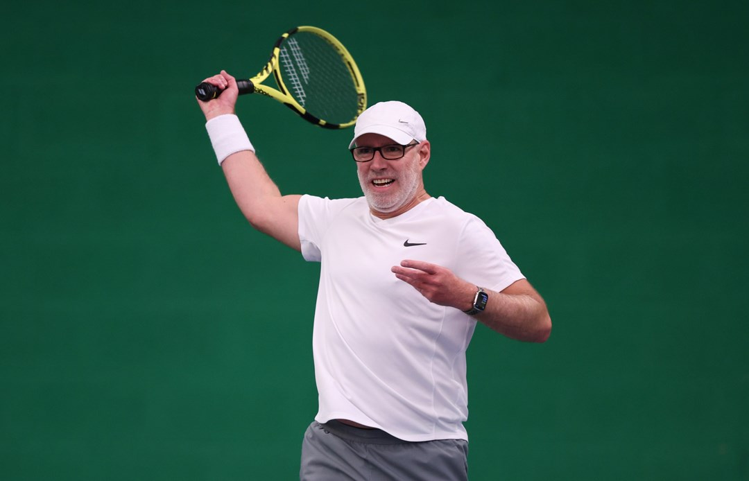 Daniel Hopkins plays against James Curries during Visually Impaired Tennis National Finals 2022 match at Wrexham Tennis Centre on November 20, 2022 in Wrexham, Wales.
