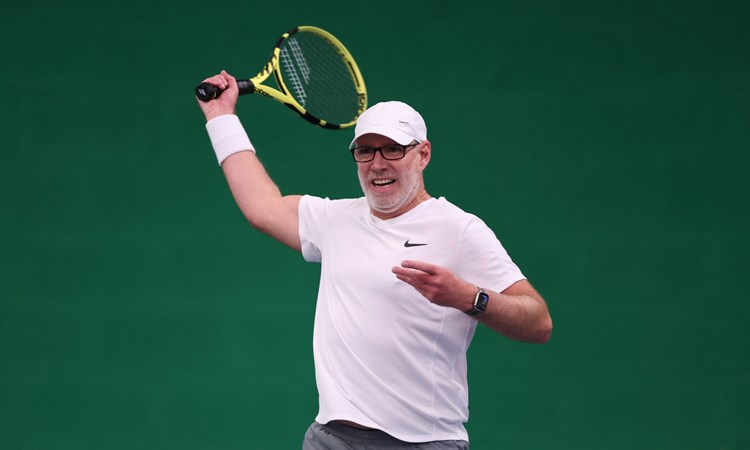 Daniel Hopkins plays against James Curries during Visually Impaired Tennis National Finals 2022 match at Wrexham Tennis Centre on November 20, 2022 in Wrexham, Wales. 