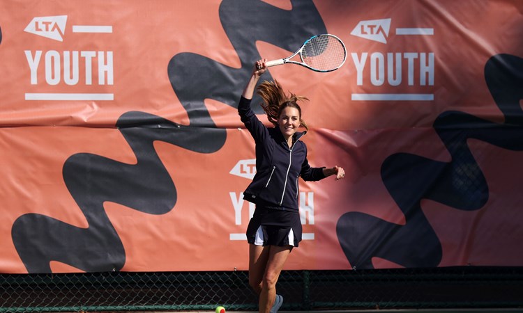 Duchess of Cambridge playing a forehand at an LTA Youth tennis session