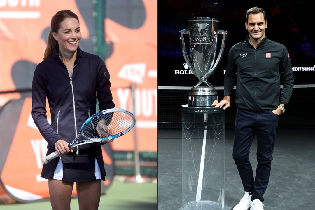 Duchess of Cambridge playing tennis next to Roger Federer and the Laver Cup trophy