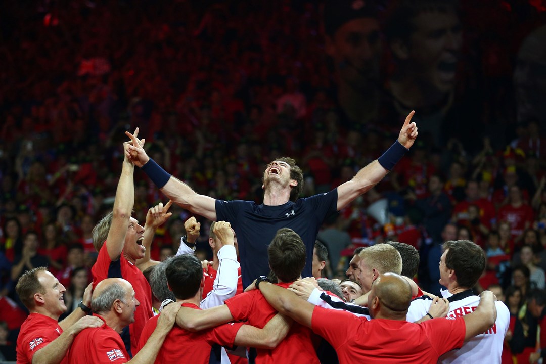 Andy Murray celebrates with his team after winning the singles match against David Goffin after clinching the Davis Cup title back in 2015