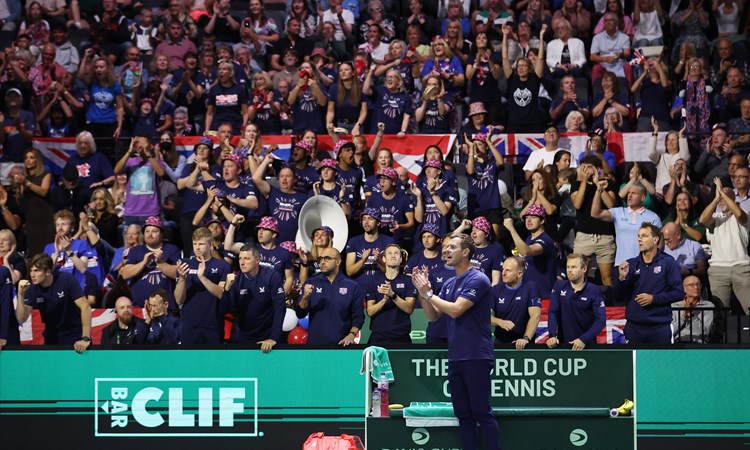 The crowd cheering on the GB team at the Davis Cup finals