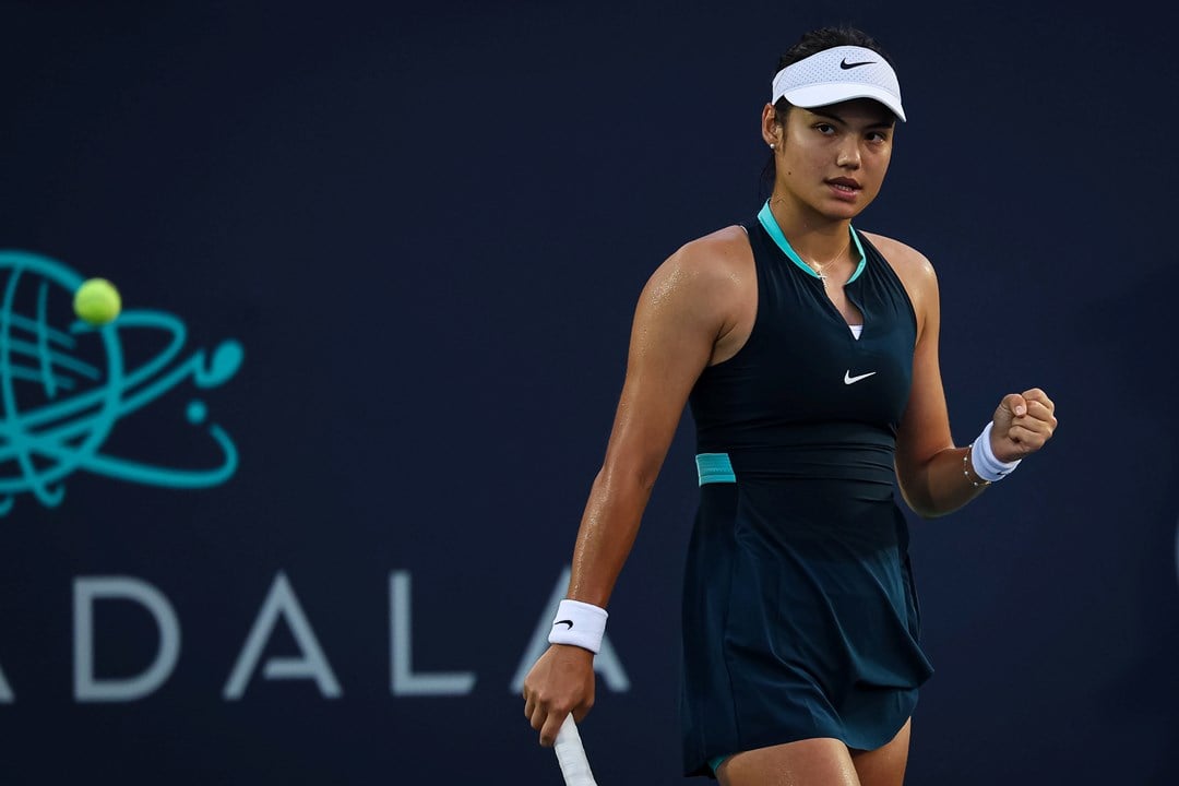 Emma Raducanu gives a fist pump while competing at the Citi Open