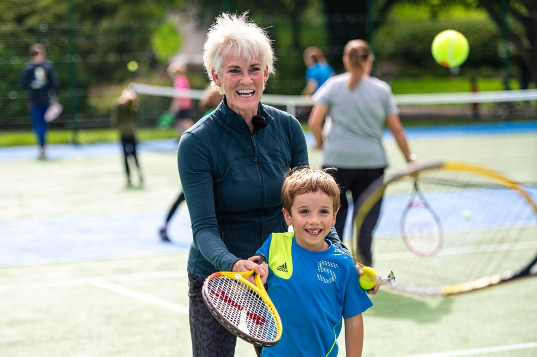 Judy Murray playing tennis with a junior player at Newlands Park Tennis Centre in Glasgow