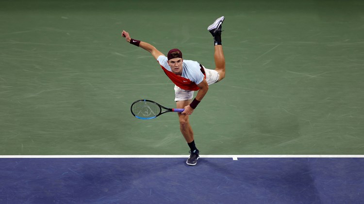 Jack Draper hits a serve in his victory over sixth seed Felix Auger-Aliassime at the US Open