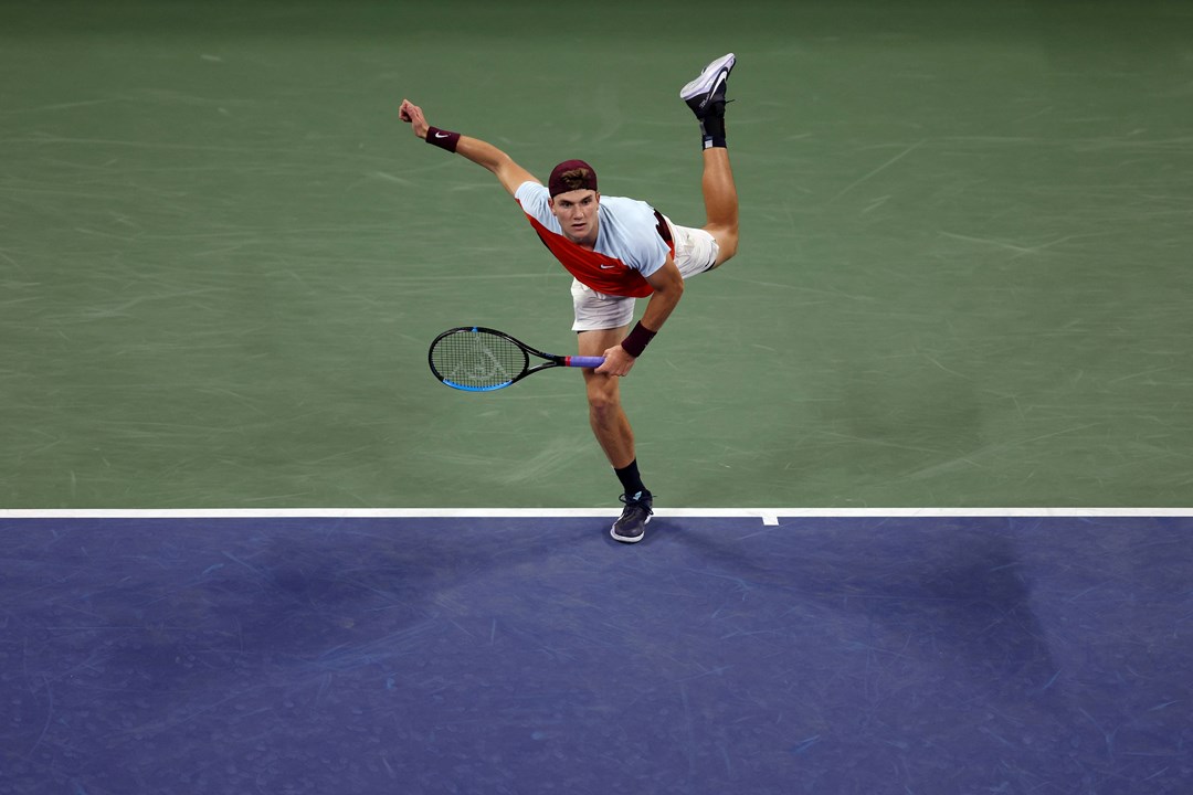 Jack Draper hits a serve in his victory over sixth seed Felix Auger-Aliassime at the US Open