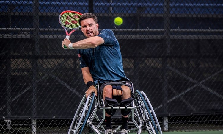 Gordon Reid in action hitting a backhand at the ITFS2 College Park