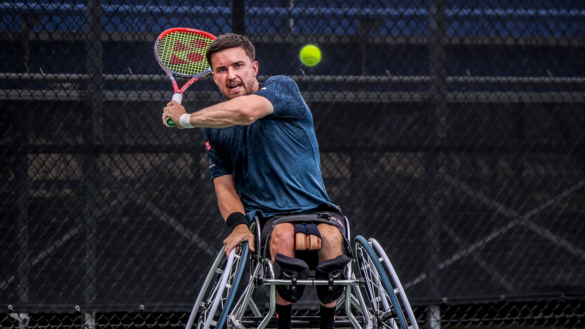 Gordon Reid in action hitting a backhand at the ITFS2 College Park