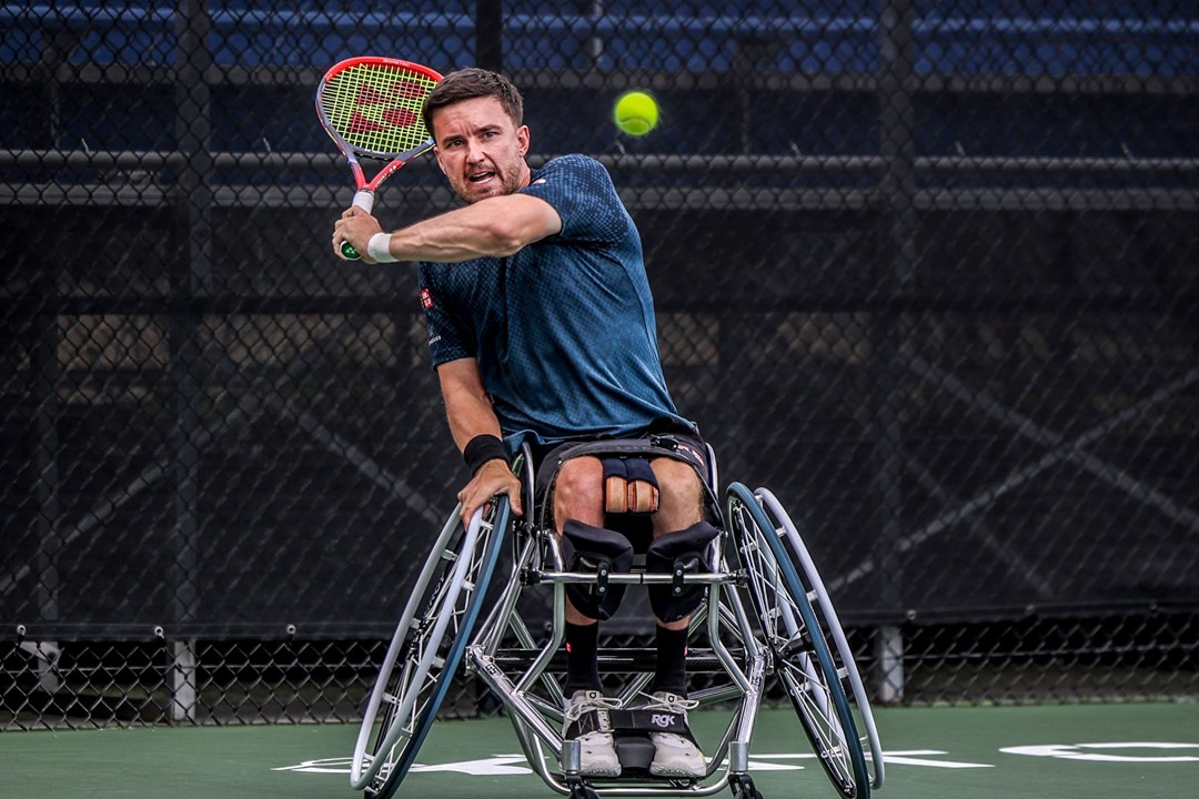 Gordon Reid in action hitting a backhand at the ITFS2 College Park