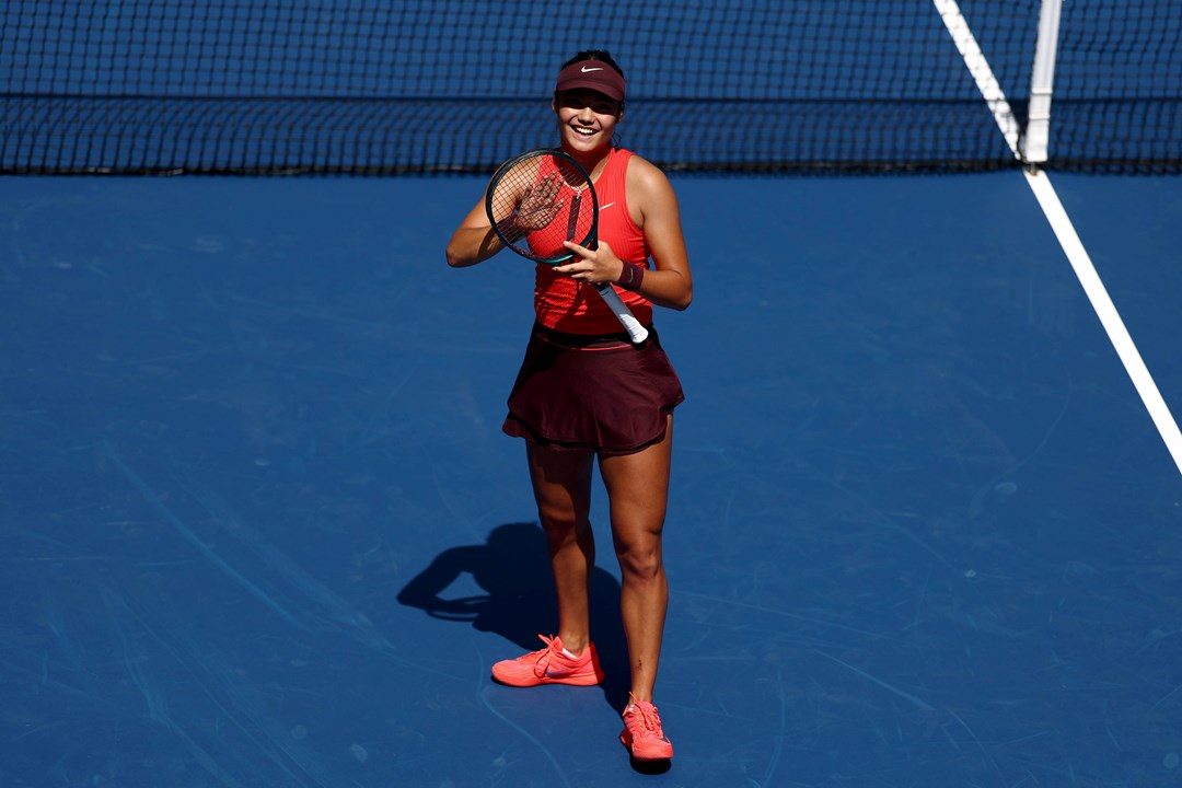 Emma Raducanu applauds the crowd after a first round win at the 2025 US Open