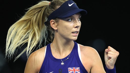 Katie Boulter celebrating in a tennis match