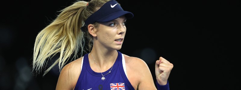 Katie Boulter celebrating in a tennis match