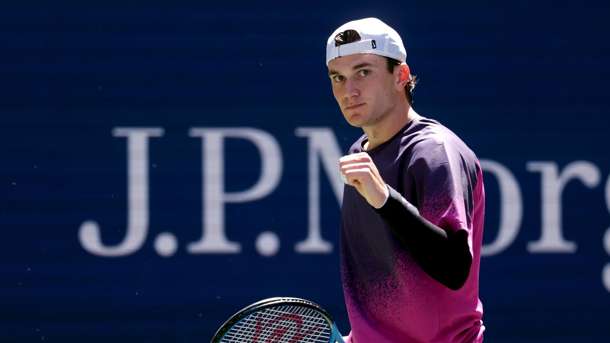Jack Draper gives a fist pump in his US Open fourth round win over Tomas Mahac