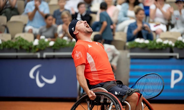 ParalympicsGB Wheelchair Tennis athlete, Andy Lapthorne aged 33, from London, competing in the Quad Singles - Open event, at the Paris 2024 Paralympic Games.