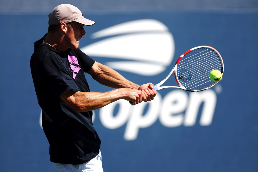 Jan Choinski hits a backhand in qualifying at the US Open