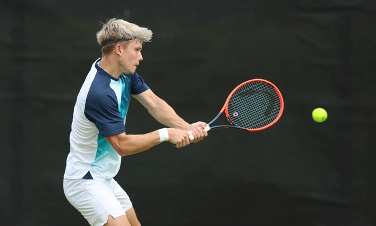 Harry Wendelken hits a backhand at the Nottingham Challenger