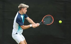 Harry Wendelken hits a backhand at the Nottingham Challenger