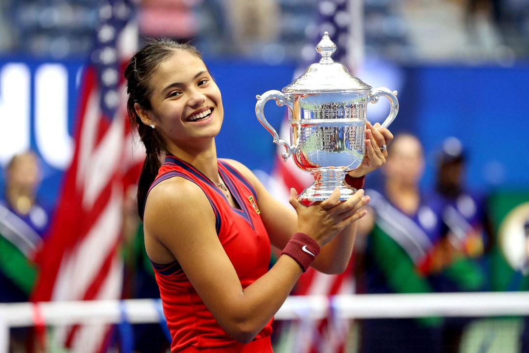 Emma Raducanu pictured with the US Open Trophy after being crowned champion of the US Open 2021