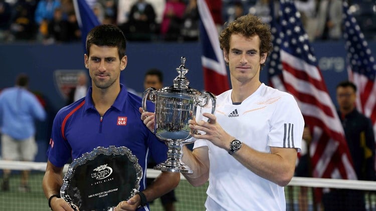 Andy Murray lifting his maiden Grand Slam title alongside Novak Djokovic at the 2012 US Open