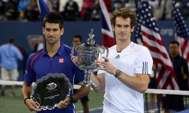 Andy Murray lifting his maiden Grand Slam title alongside Novak Djokovic at the 2012 US Open