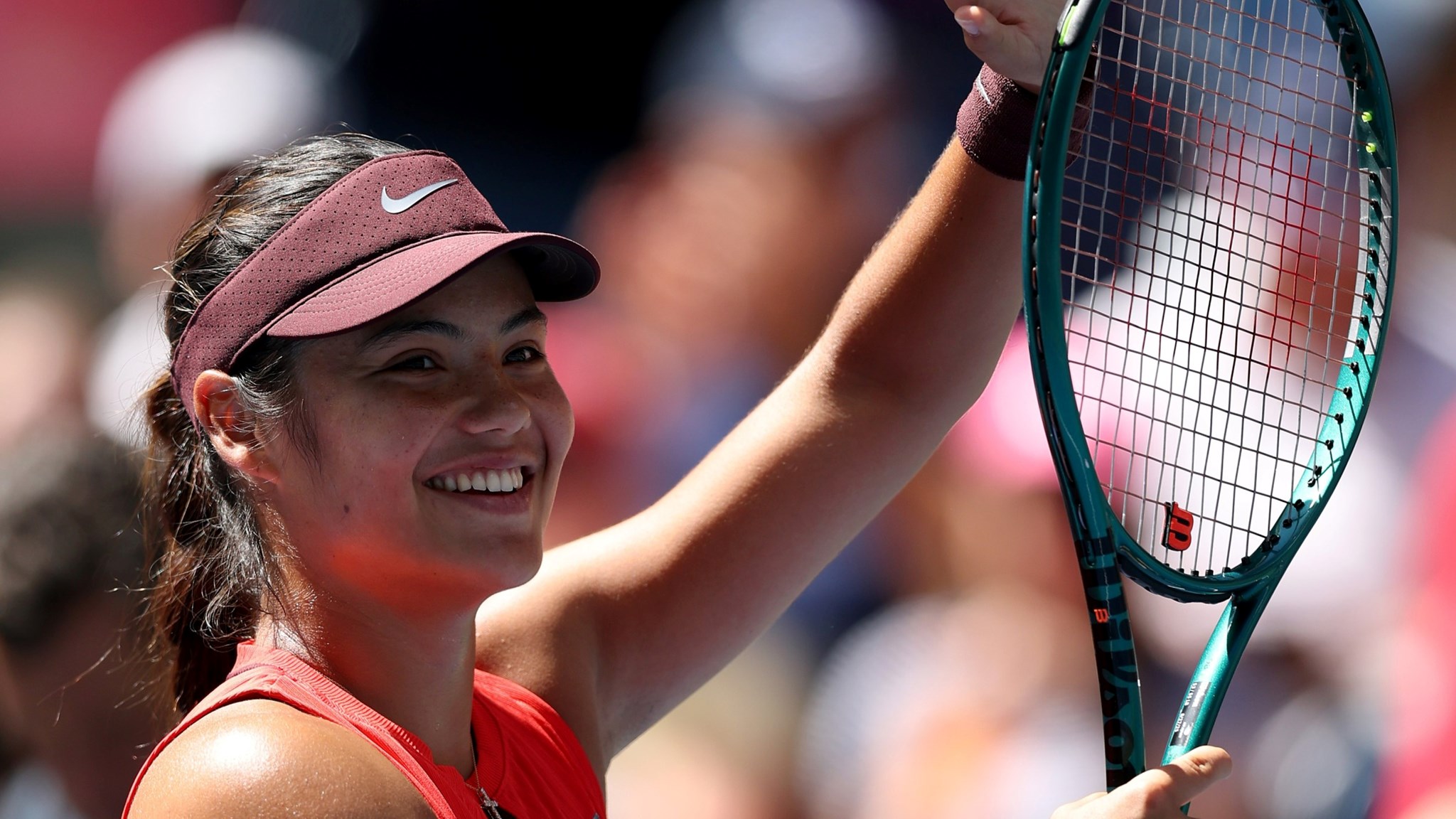 Emma Raducanu addresses the crowd after her second win at the 2025 US Open