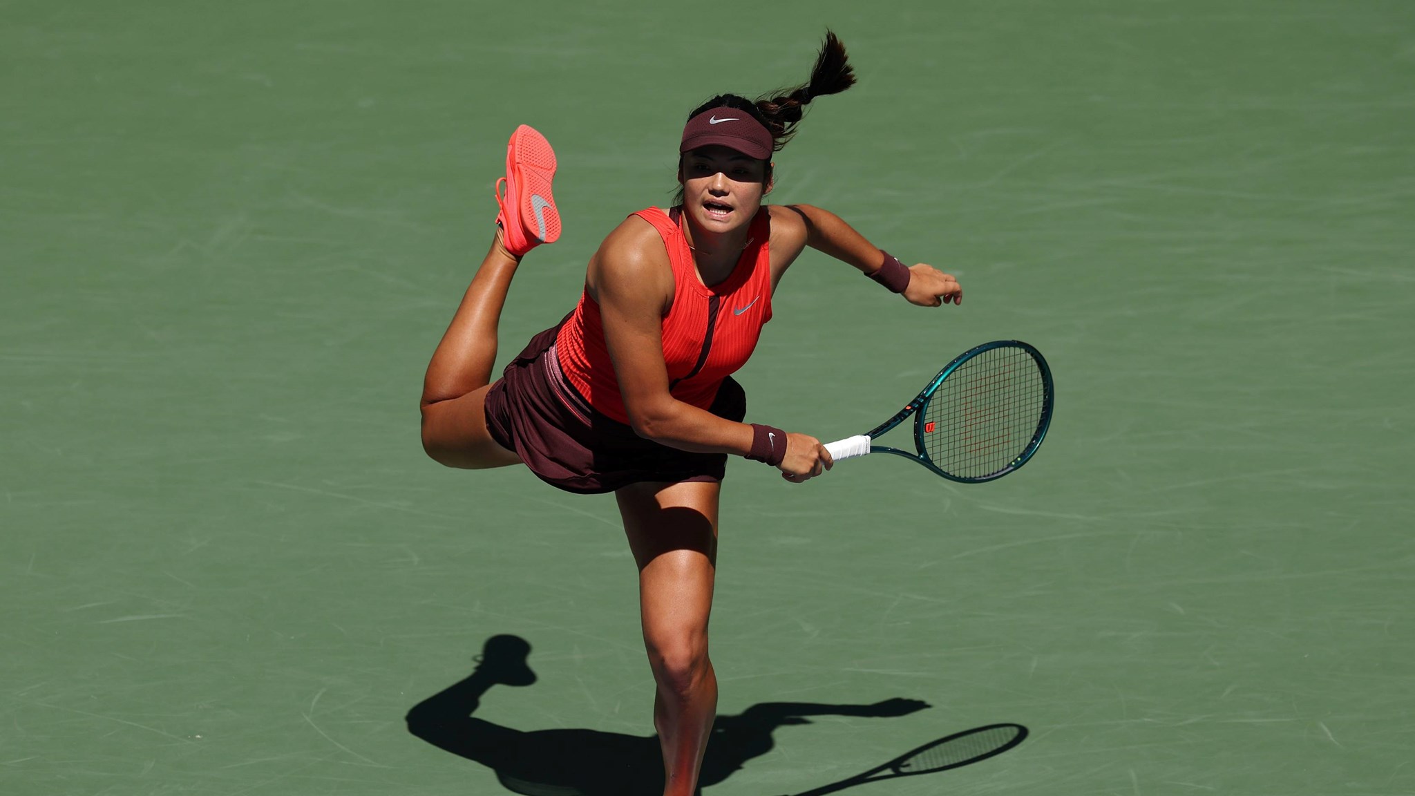 Emma Raducanu hits a serve in the second round of the 2025 US Open