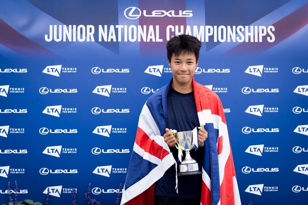 Ryan Szeto holding the 14U boys' singles trophy at the 2025 Lexus Junior National Championships