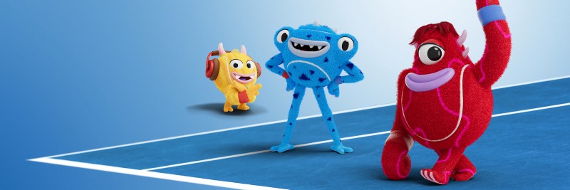 Three of the Tennisables standing on the edge of a tennis court