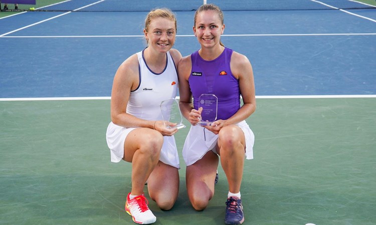 Alicia Barnett and Olivia Nicholls holding their first WTA title in Granby