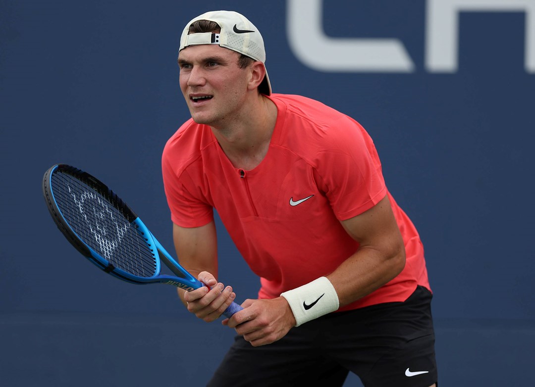 Jack Draper prepares to hit a return in the opening round of the 2023 US Open