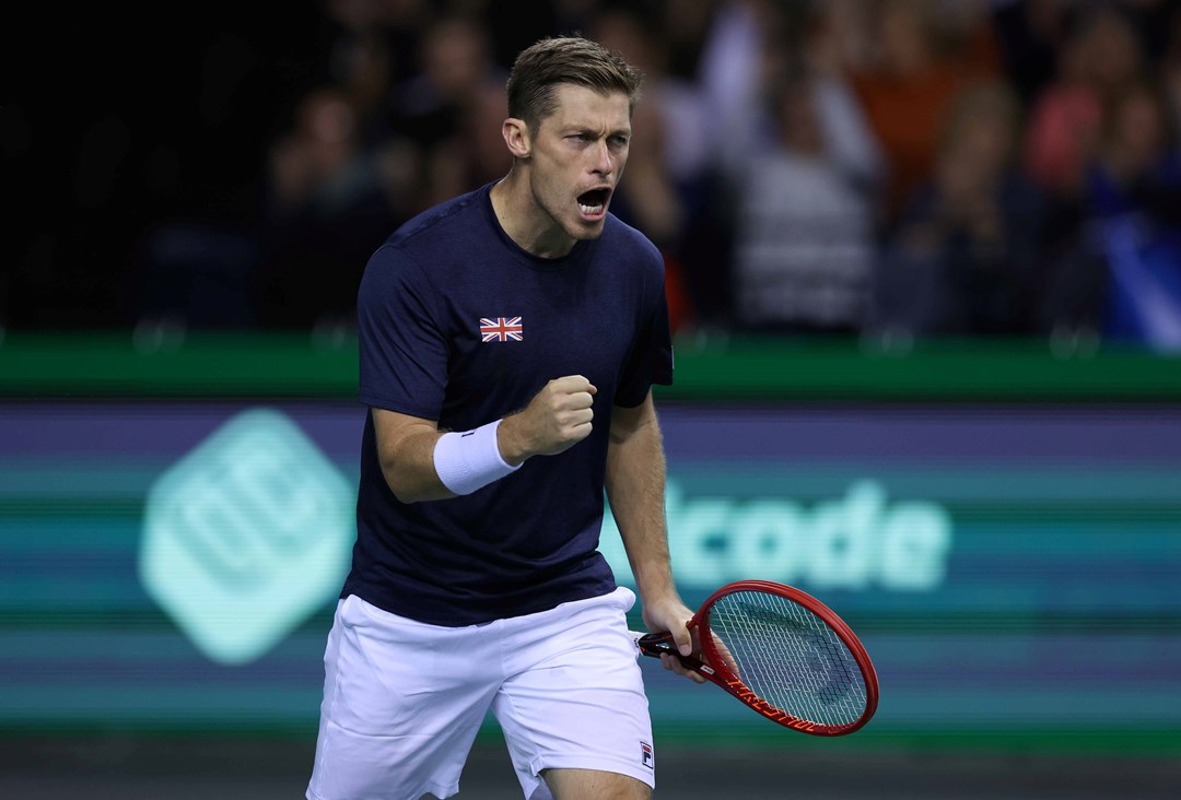 Great Britain's Neal Skupski celebrating a shot on court at the 2022 Davis Cup