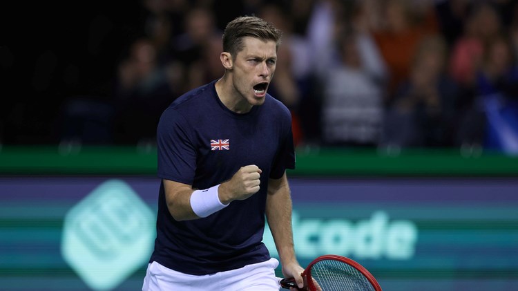 Great Britain's Neal Skupski celebrating a shot on court at the 2022 Davis Cup