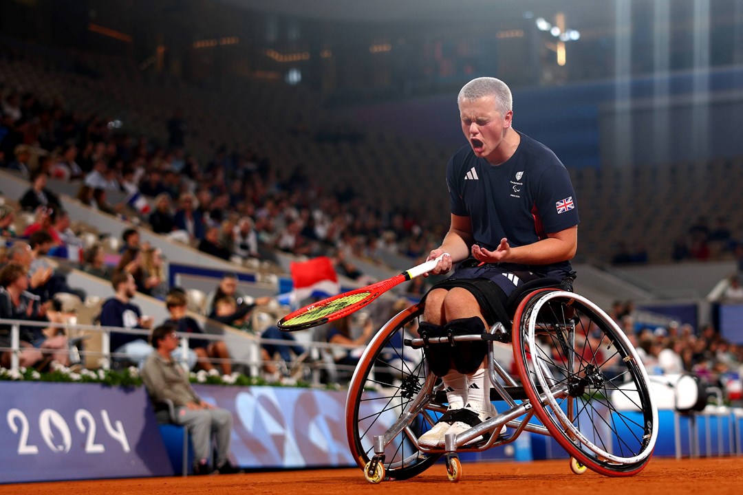 Ben Bartram of Team Great Britain or Paralympics GB celebrates a point as he compete against Guilhem Laget of Team France during their Men's Singles First Round match on day two of the Paris 2024 Summer Paralympic Games at Roland Garros on August 30, 2024 in Paris, France. 