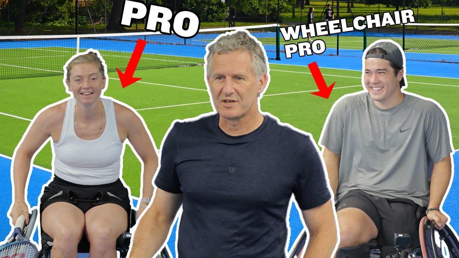 Adam Hills, Alicia Barnett and Dahnon Ward playing wheelchair tennis in a challenge video